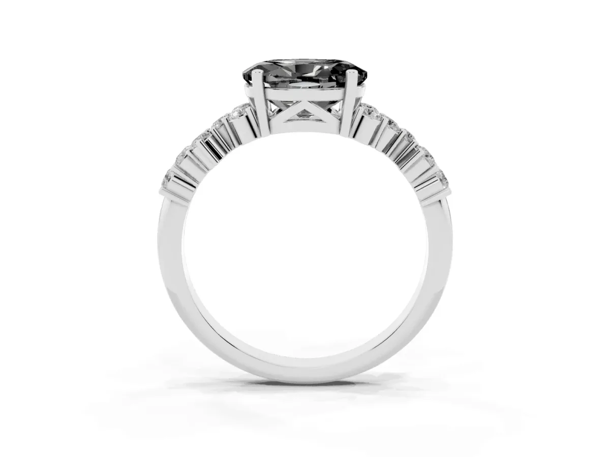 Fancy Black Oval Cut Diamond Scattered Round Accent Ring with Prong Setting Silver