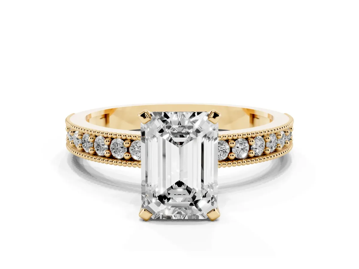 Emerald Cut Diamond Milgrain Pavé Engagement Ring with Four-Prong Setting Yellow gold