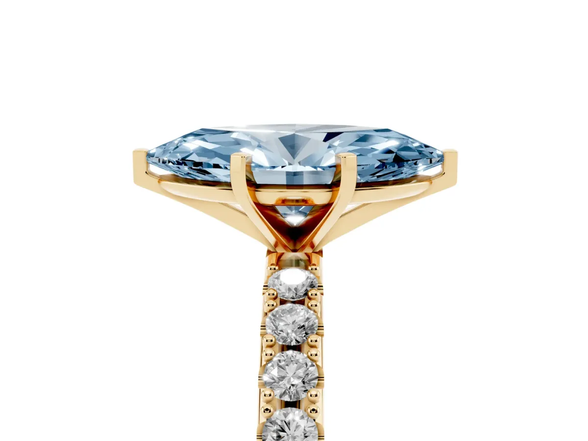 Fancy Blue Marquise Cut Diamond Solitaire Pavé Band with Four-Prong Setting Yellow gold