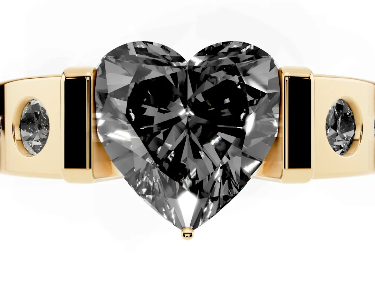 Fancy Black Heart Cut Brilliant Channel-Set Diamond Ring with Bezel Prong Setting Yellow gold