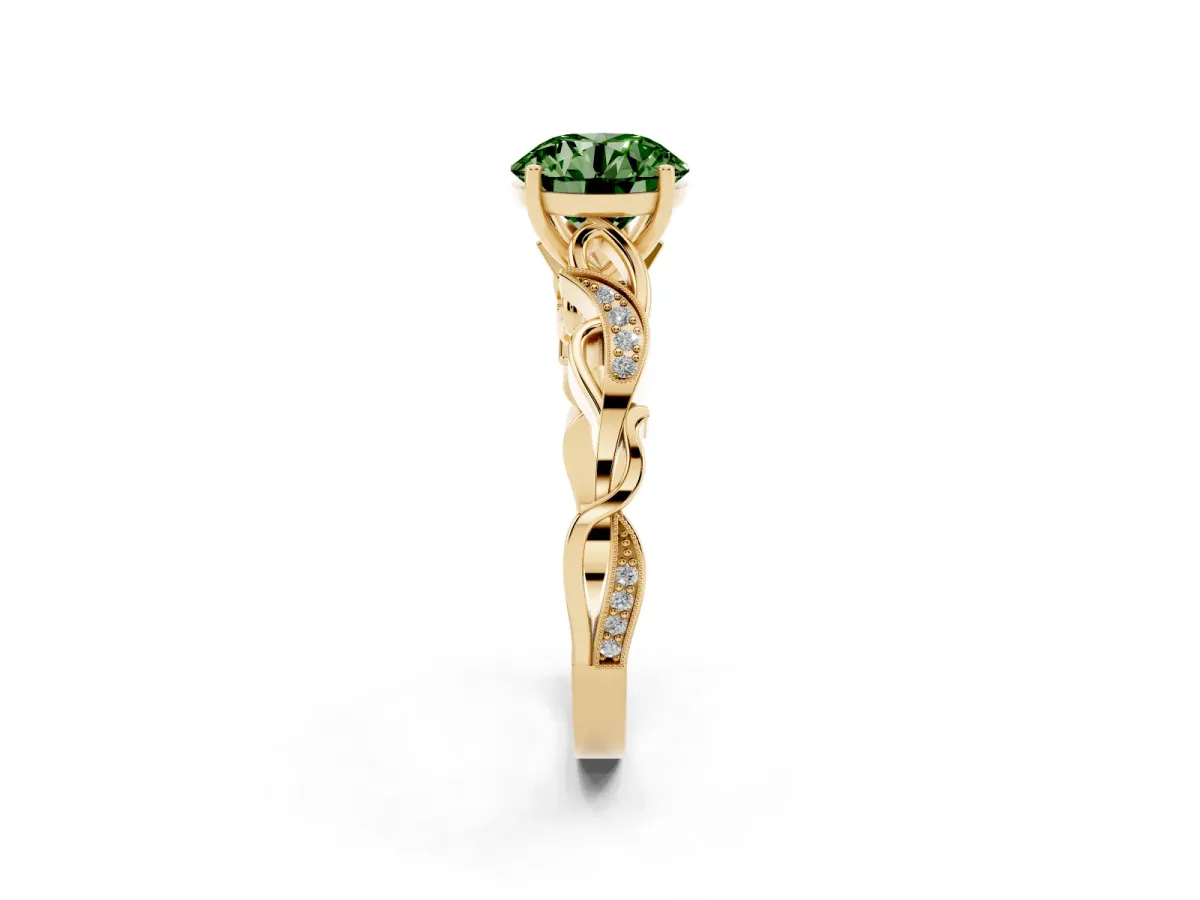 Fancy Green Round Cut Solitaire Vine Band with Milgrain Prong Setting Yellow gold