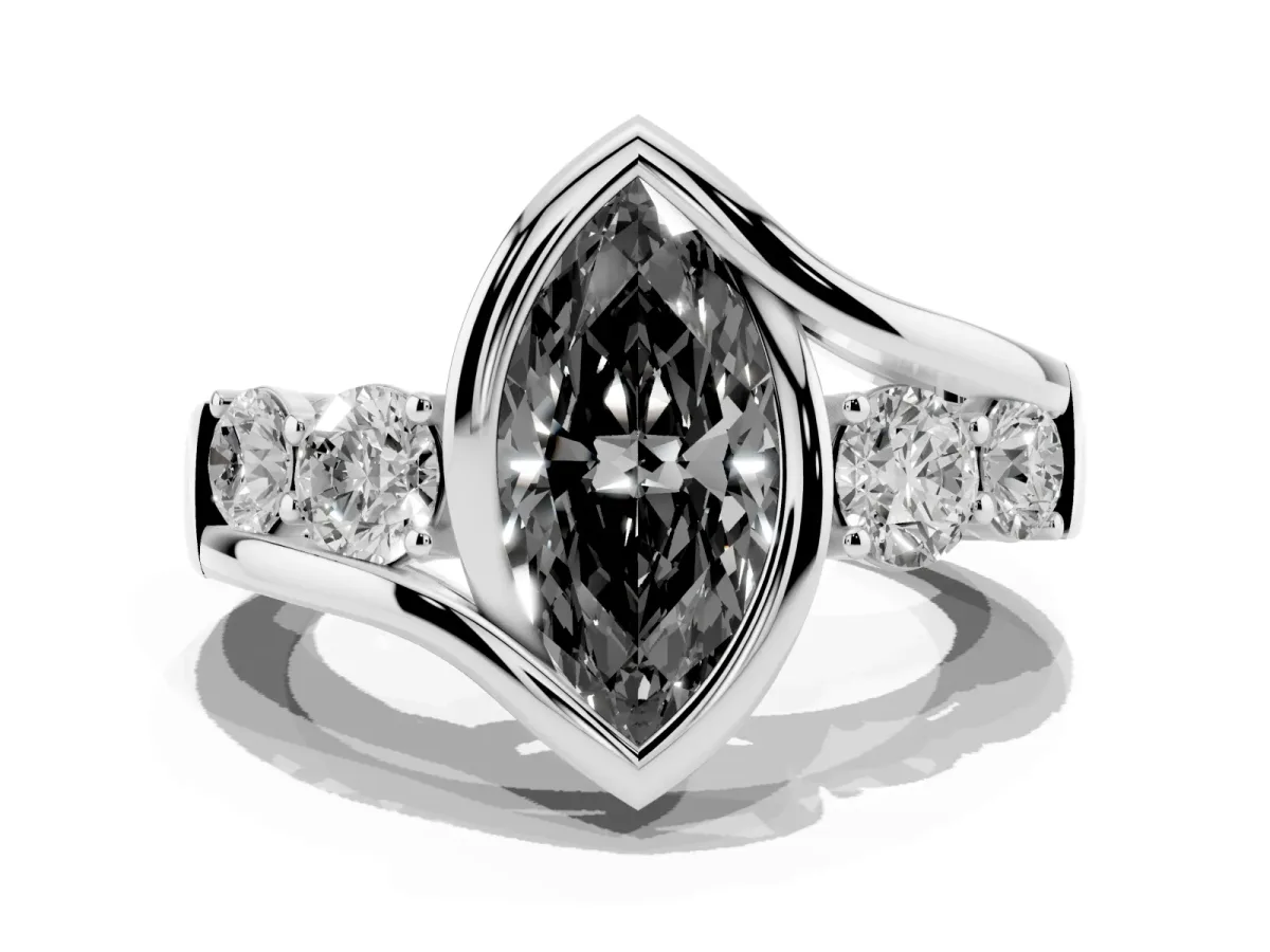 Fancy Black Bezel Set Marquise Cut Diamond Bypass Ring with Round Accents Silver
