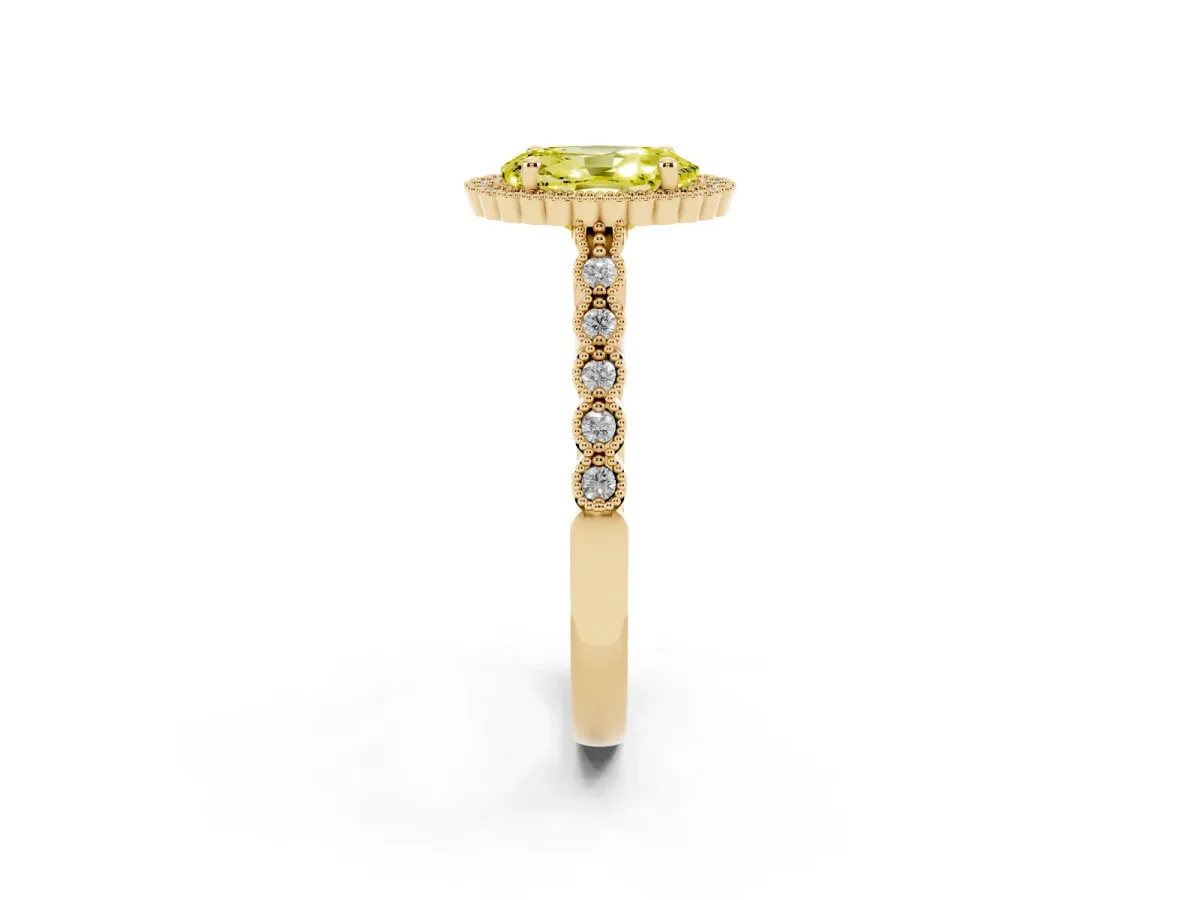 Fancy Yellow Oval Cut Cut Halo Pavé Solitaire Ring with Milgrain Band Yellow gold