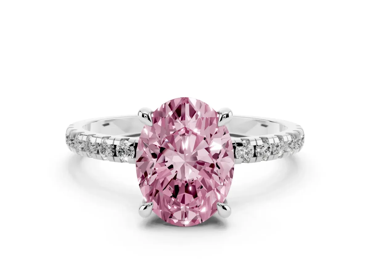 Fancy Pink Oval Cut Diamond Brilliant Solitaire Ring with Pavé Band and Four-Prong Setting Silver