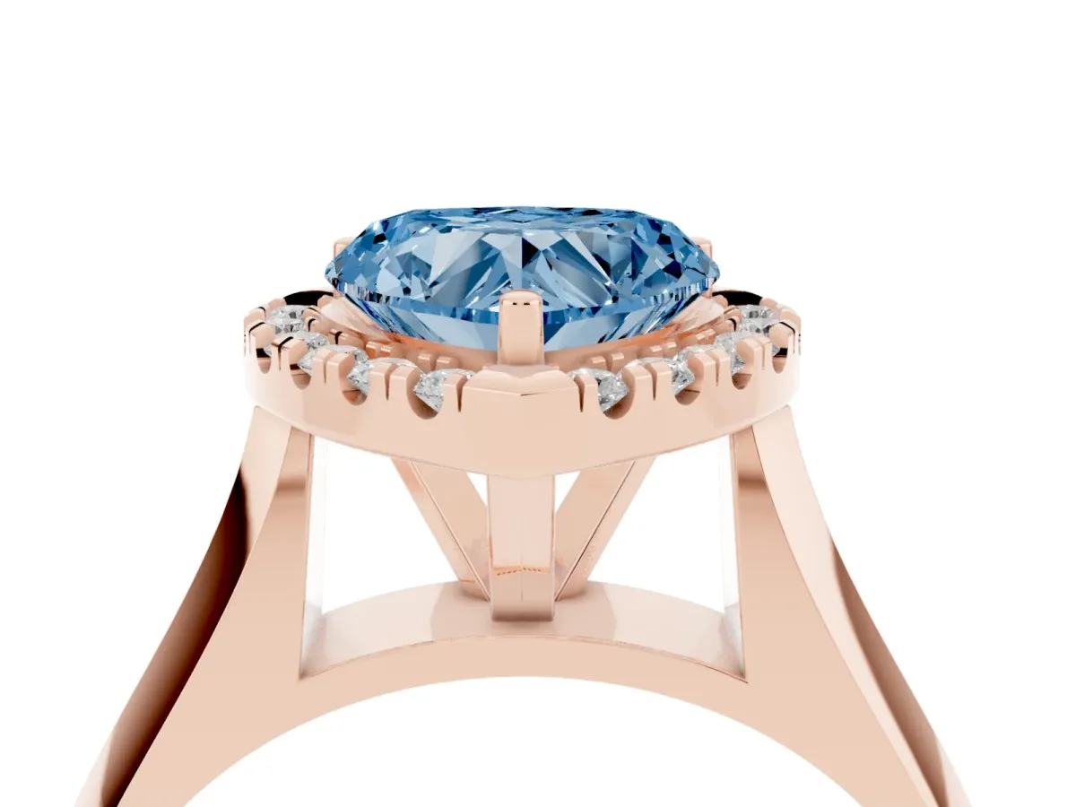 Fancy Blue Heart Cut Cut Halo Solitaire Engagement Ring with Square Band and Four-Prong Setting Rose gold