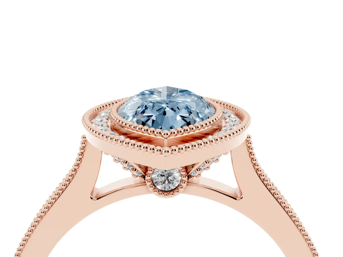 Fancy Blue Halo Marquise Cut-Cut Diamond Pave Band Milgrain Prong Setting Ring Rose gold