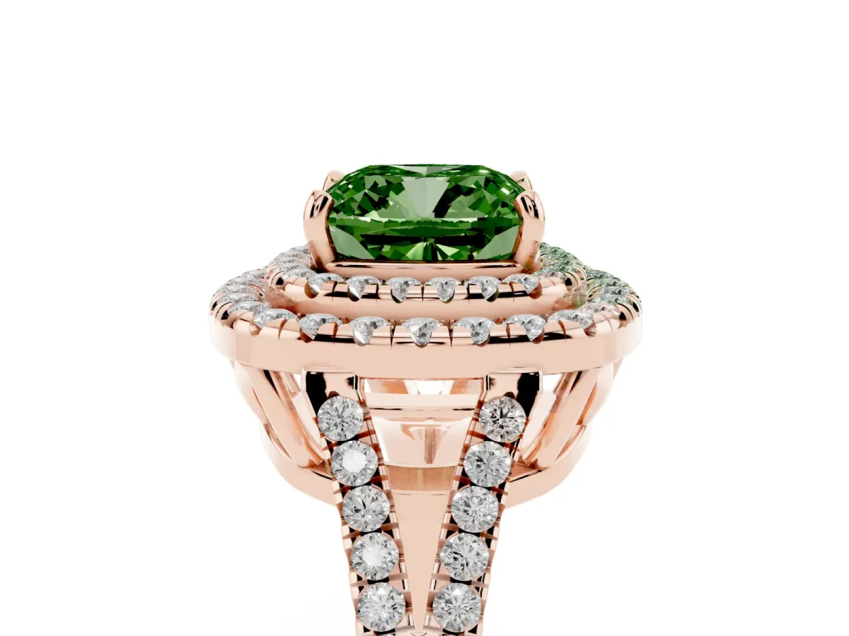 Fancy Green Cushion Cut Diamond Double Halo Ring with Pavé Band and Prong Setting Rose gold