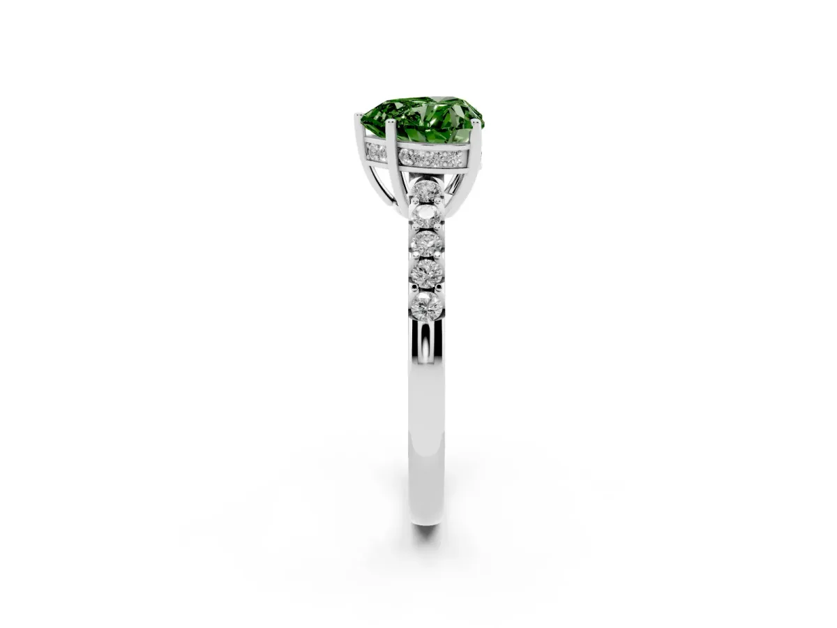 Fancy Green Heart Cut Solitaire Diamond Engagement Ring with Pavé Band and Six-Prong Setting White gold