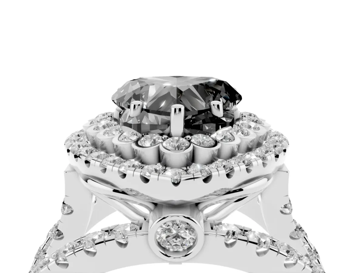 Fancy Black Heart Cut Diamond Double Halo Ring with Round Pavé Split Shank and Prong Setting Silver