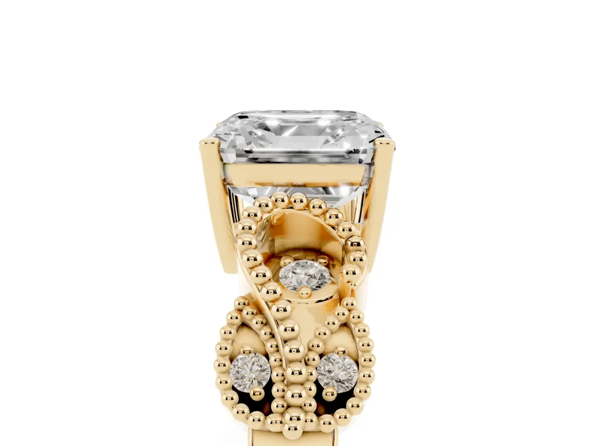 Asscher Cut Solitaire Milgrain Leaf Band with Prong Setting Yellow gold