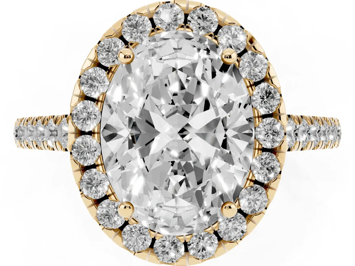 Oval Cut Halo Pavé Diamond Engagement Ring with Four-Prong Setting Yellow gold