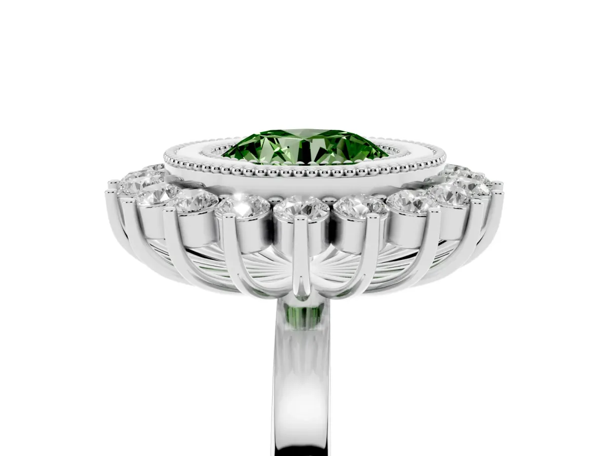 Fancy Green Round Cut Halo Diamond Ring with Milgrain Edge and Round Prong Setting Silver