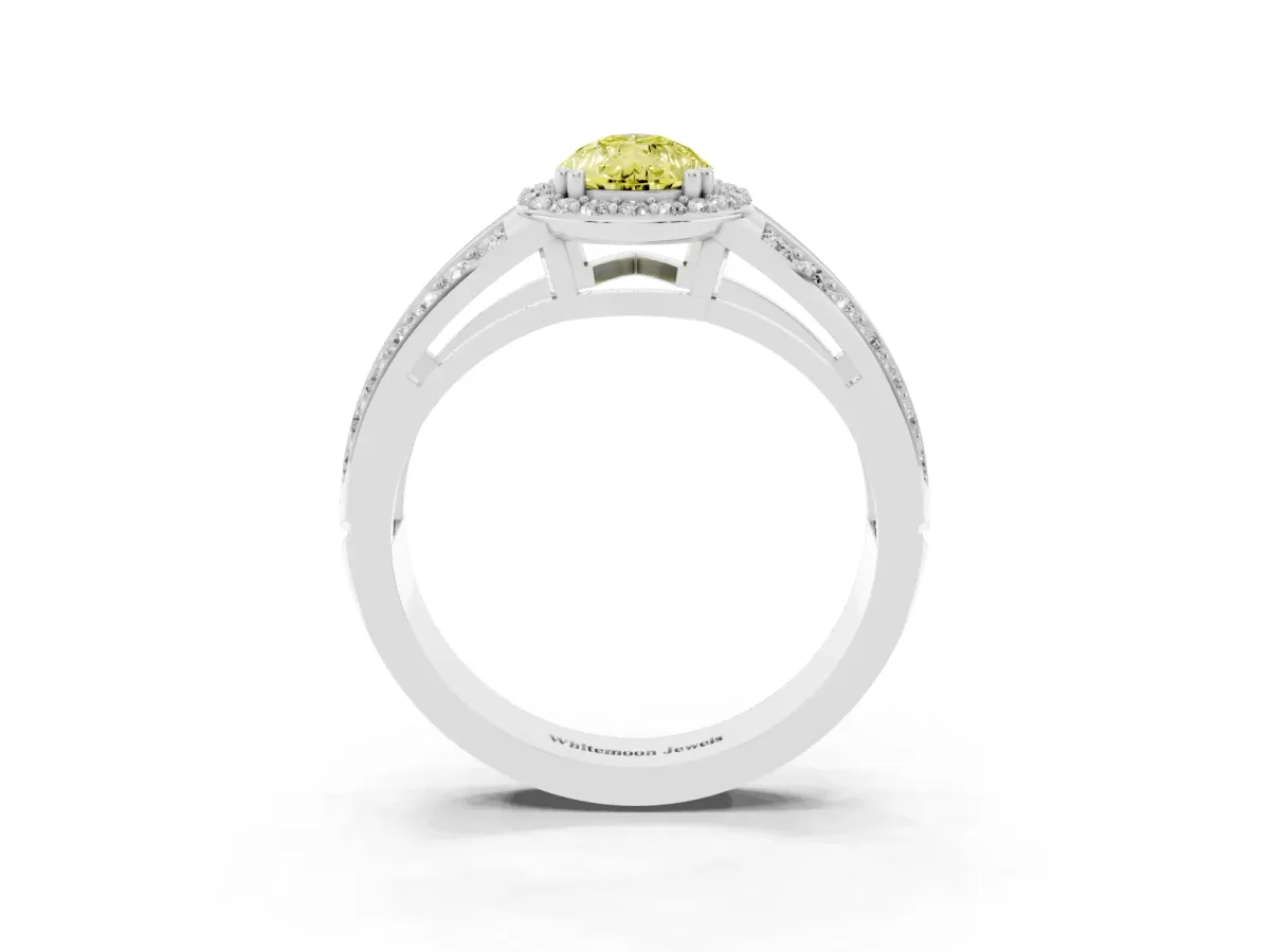 Fancy Yellow Pear Cut Diamond Halo Ring with Split Shank Pavé Band and Four-Prong Setting Platinum