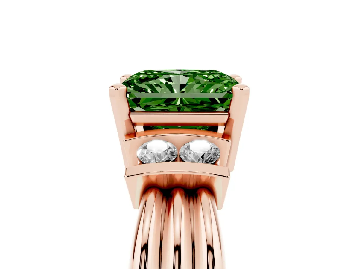 Fancy Green Radiant Cut Cut Three-Stone Channel Set Ring with Bar Prongs Rose gold