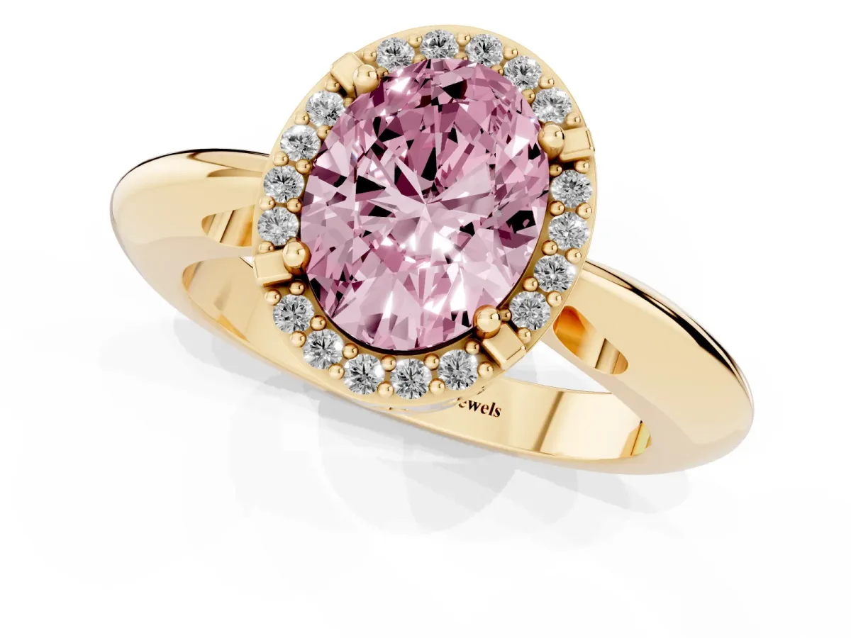 Fancy Pink Oval Cut Cut Diamond Halo Engagement Ring with Split Shank and Four-Prong Setting Yellow gold