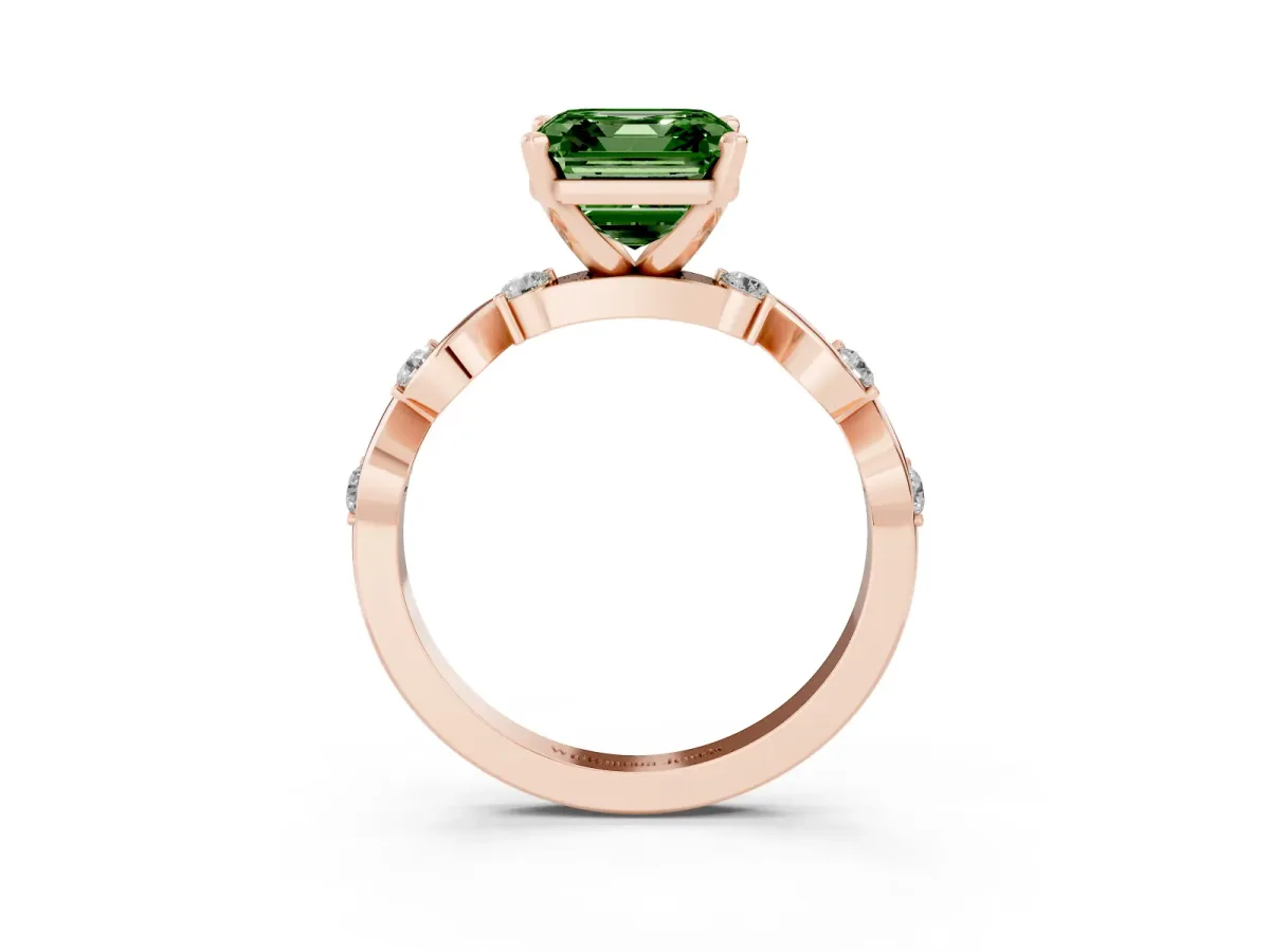 Fancy Green Asscher Cut Diamond Solitaire Twisted Band with Round Accents and Prong Setting Rose gold