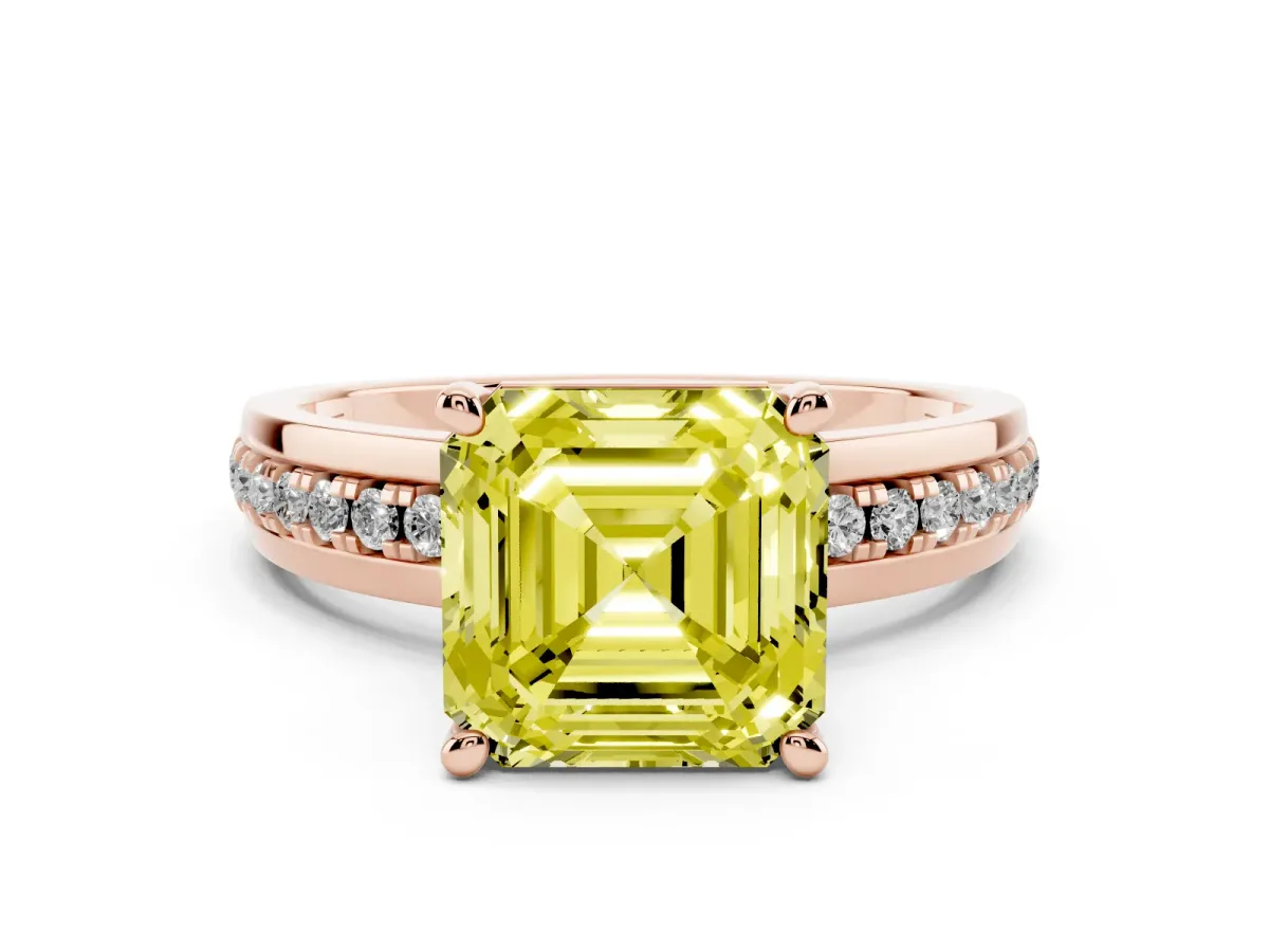 Fancy Yellow Asscher Cut Solitaire Diamond Ring with Channel Set Band and Six-Prong Setting Rose gold