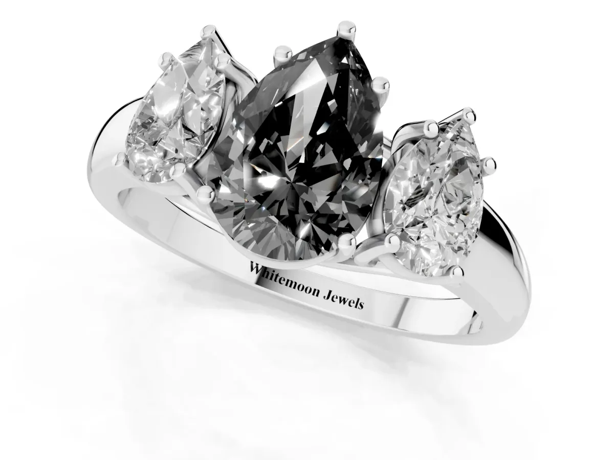 Fancy Black Three-Stone Pear Cut Diamond Engagement Ring with Prong Setting Platinum