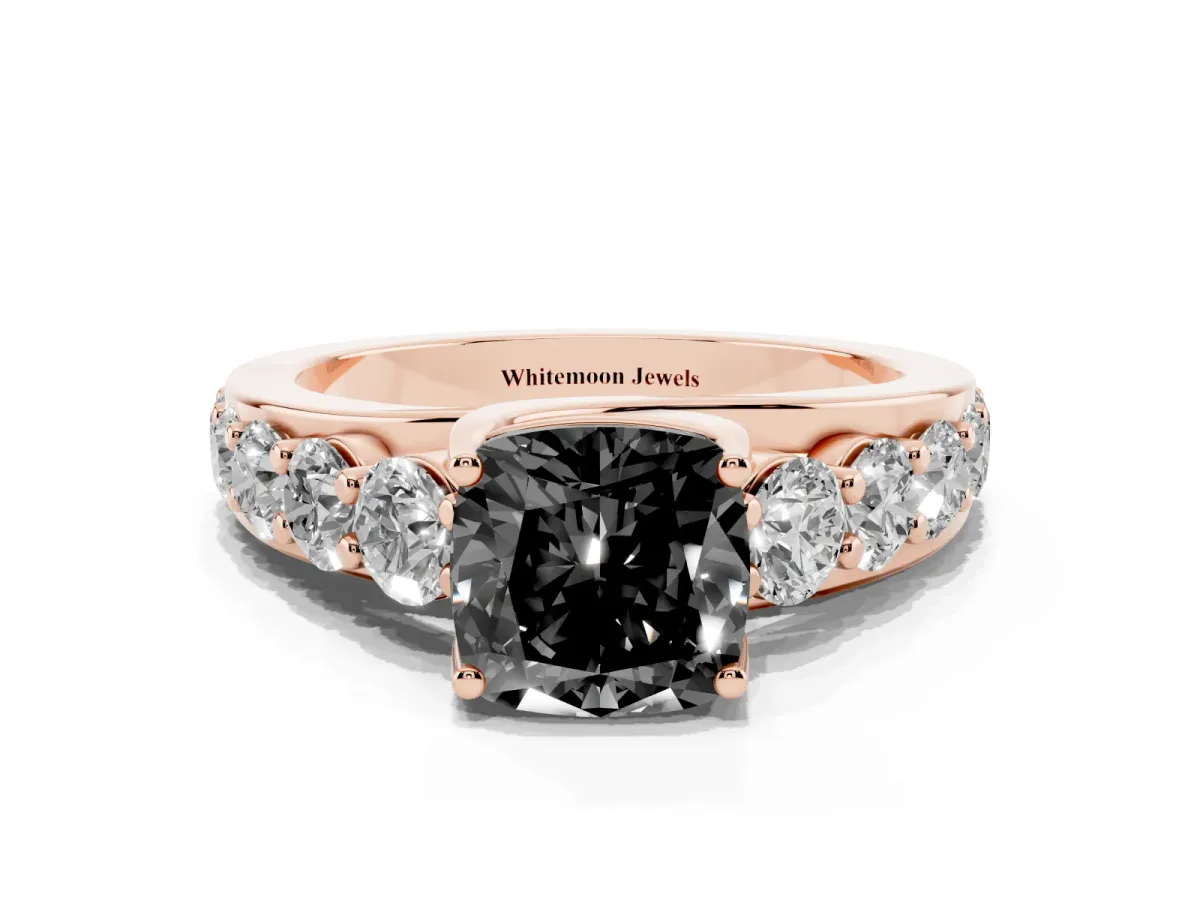 Fancy Black Cushion Cut Diamond Engagement Ring with Pavé Band and Four-Prong Setting Rose gold
