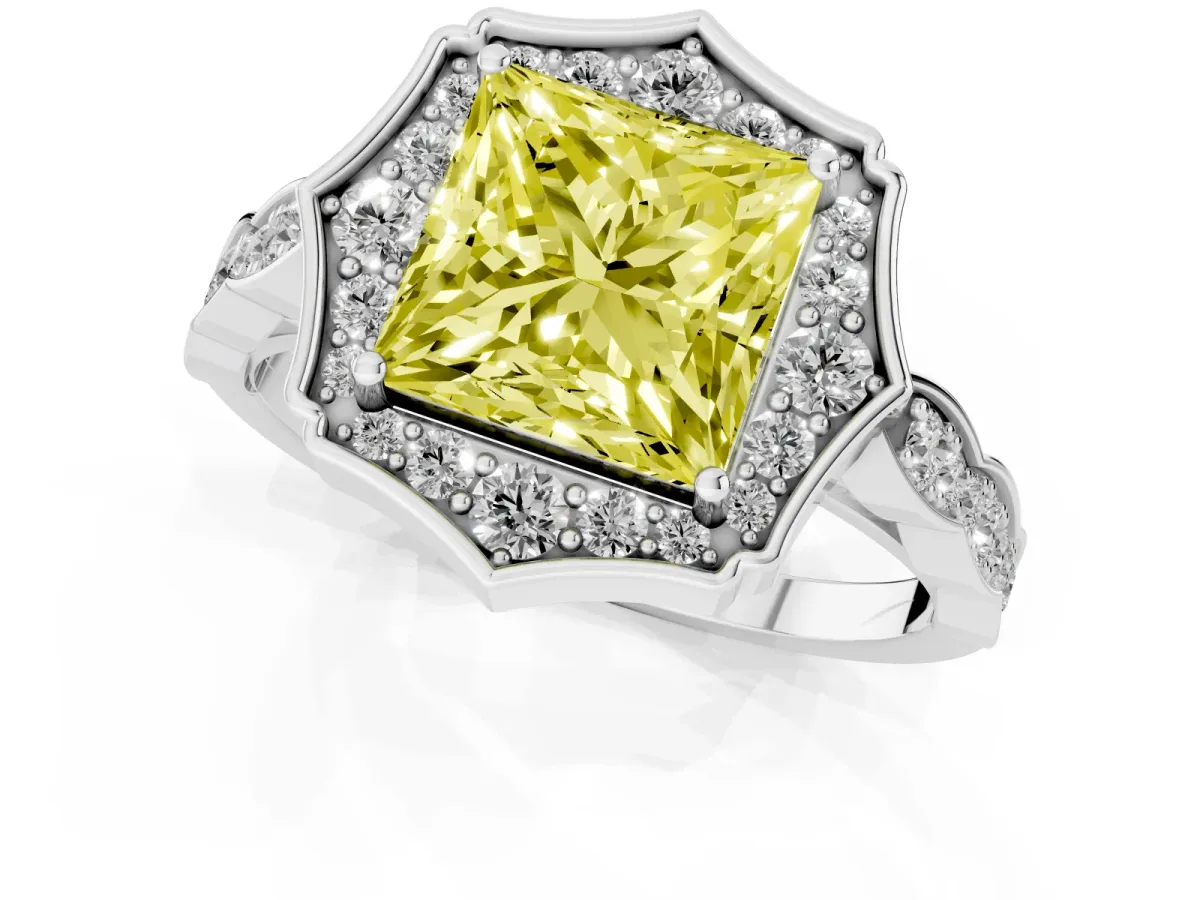 Fancy Yellow Princess Cut Halo Diamond Engagement Ring with Milgrain Band and Four-Prong Setting Platinum