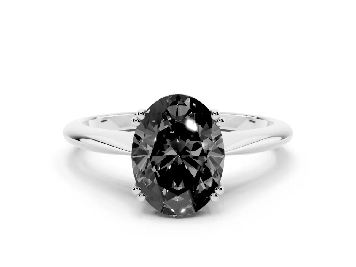 Fancy Black Oval Cut Solitaire Diamond Ring with Six-Prong Setting and Classic Band Silver