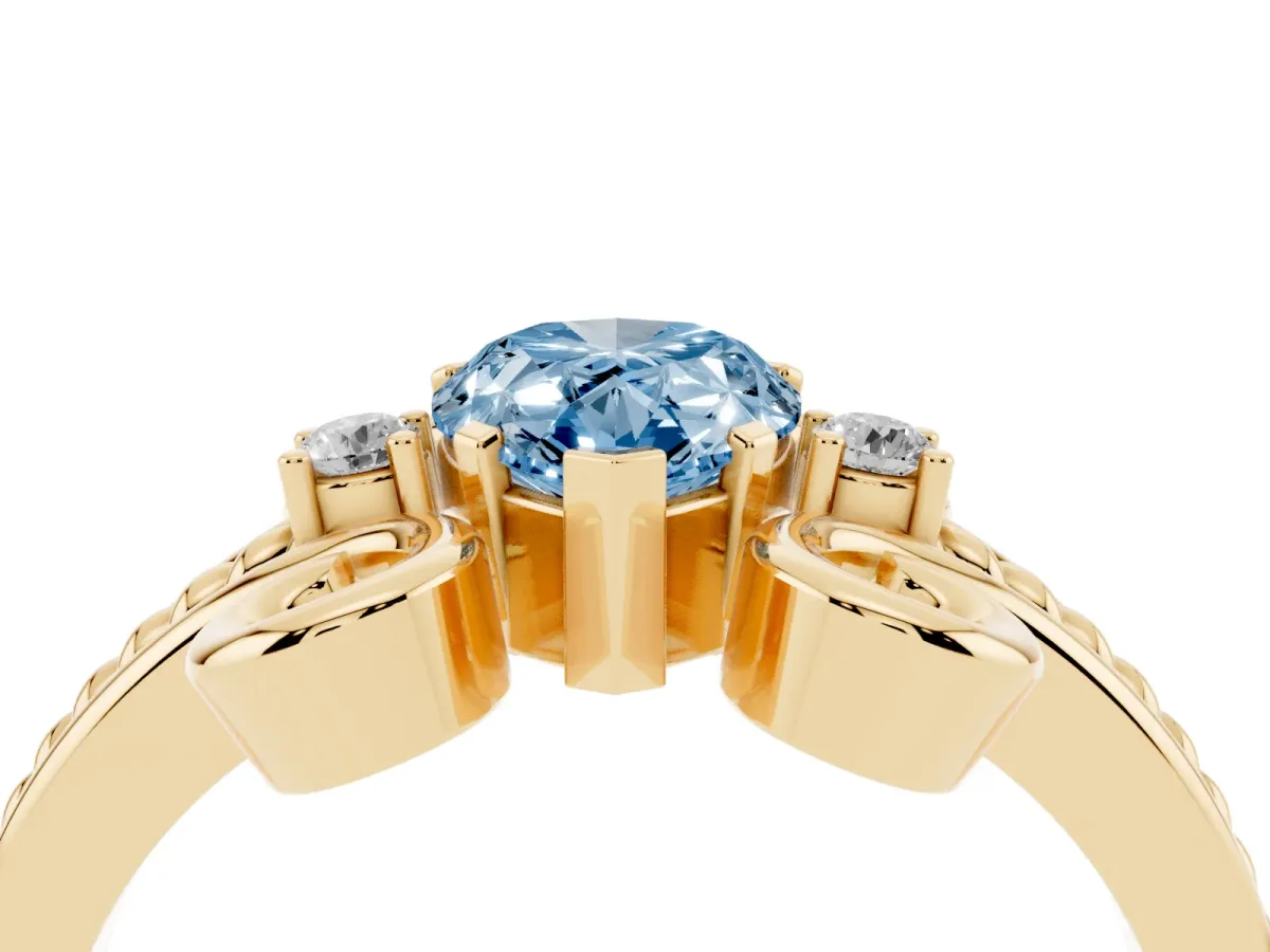 Fancy Blue Pear Cut Solitaire Twisted Band Scroll Prong Ring Yellow gold