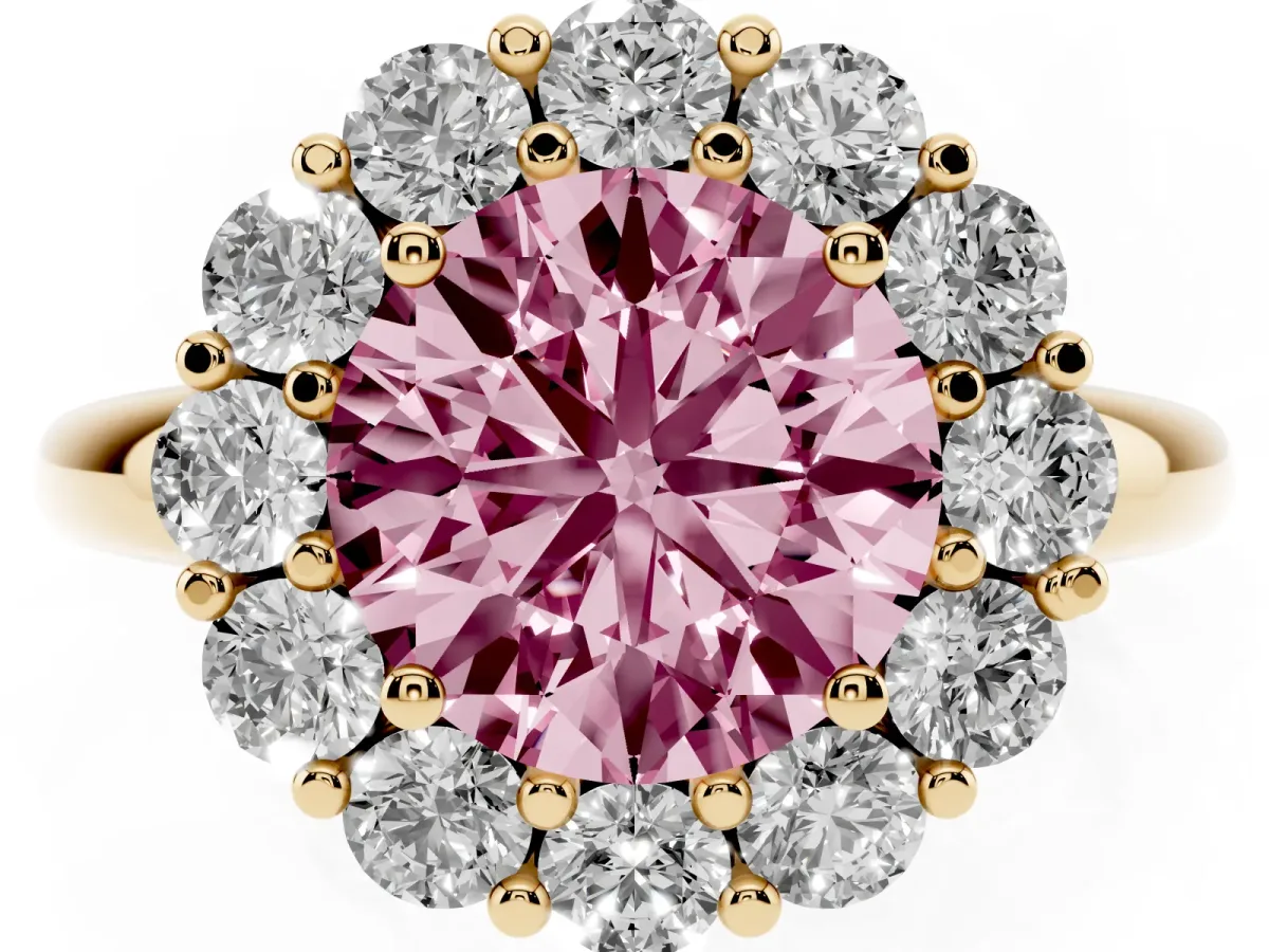 Fancy Pink Round Cut Halo Cluster Diamond Engagement Ring with Prong Setting and Polished Band Yellow gold