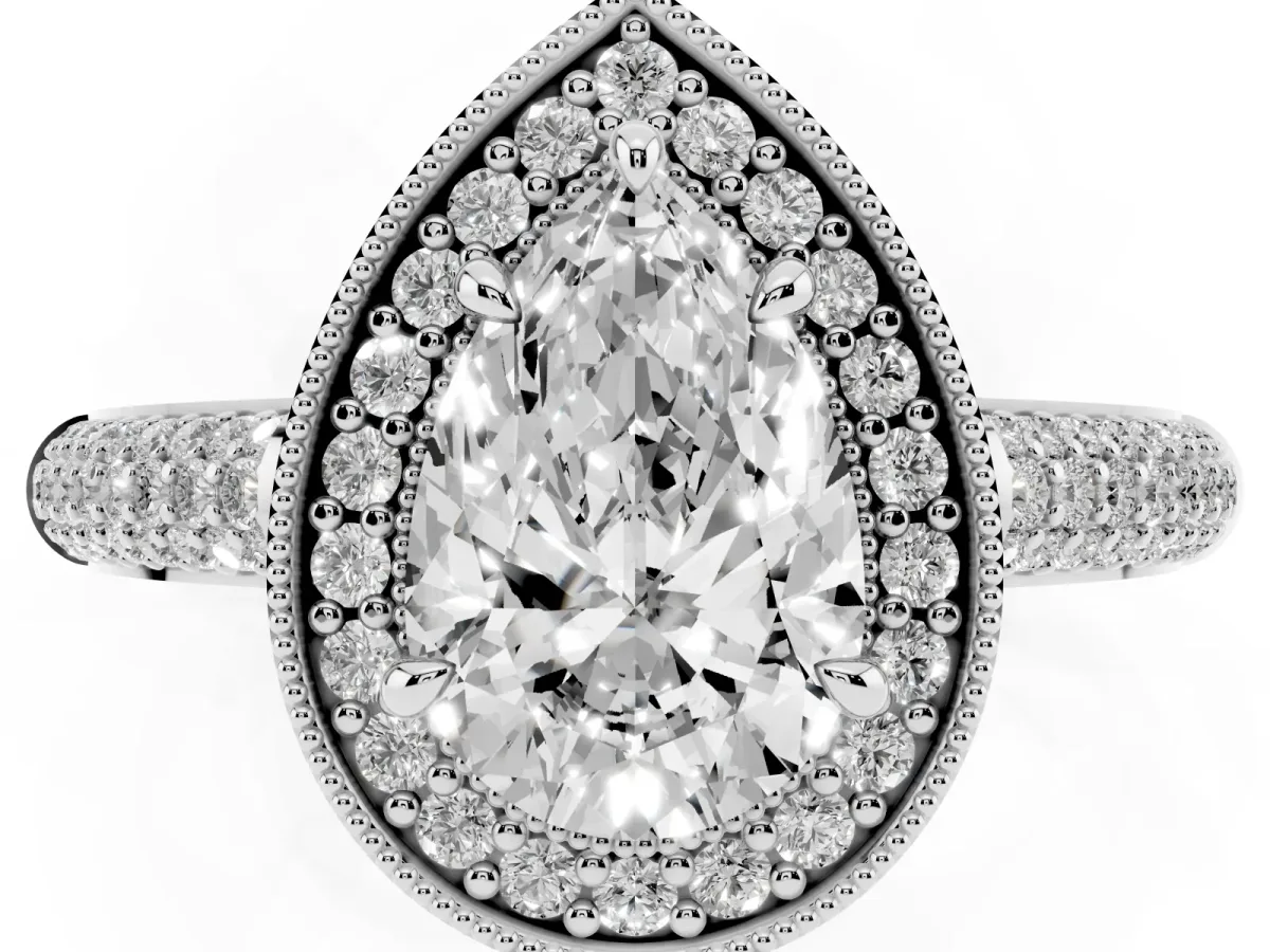Pear Cut Cut Halo Diamond Pave Band with Four-Prong Setting Silver