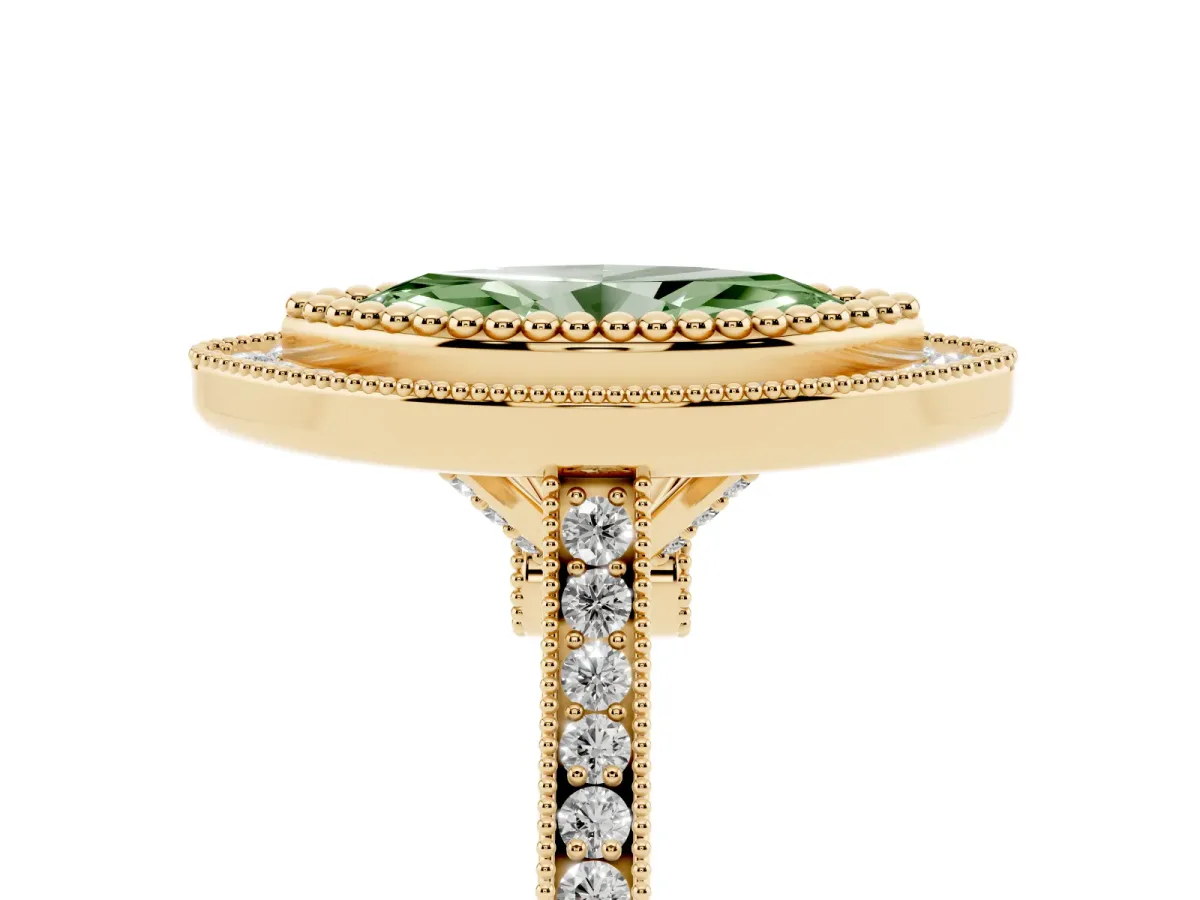 Fancy Green Marquise Cut Diamond Halo Ring with Milgrain Frame and Pavé Band Yellow gold