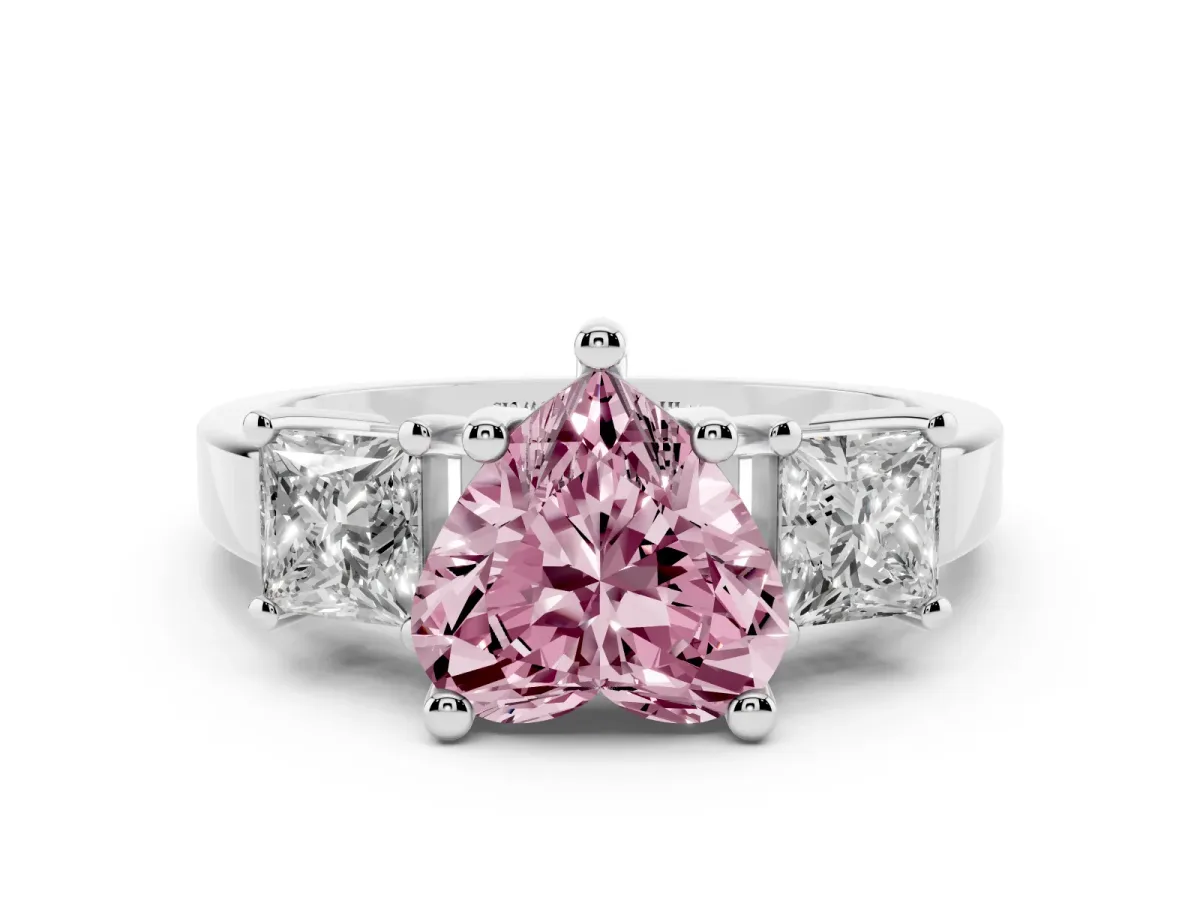 Fancy Pink Three-Stone Heart Cut Cut Solitaire Ring with Prong Setting Silver
