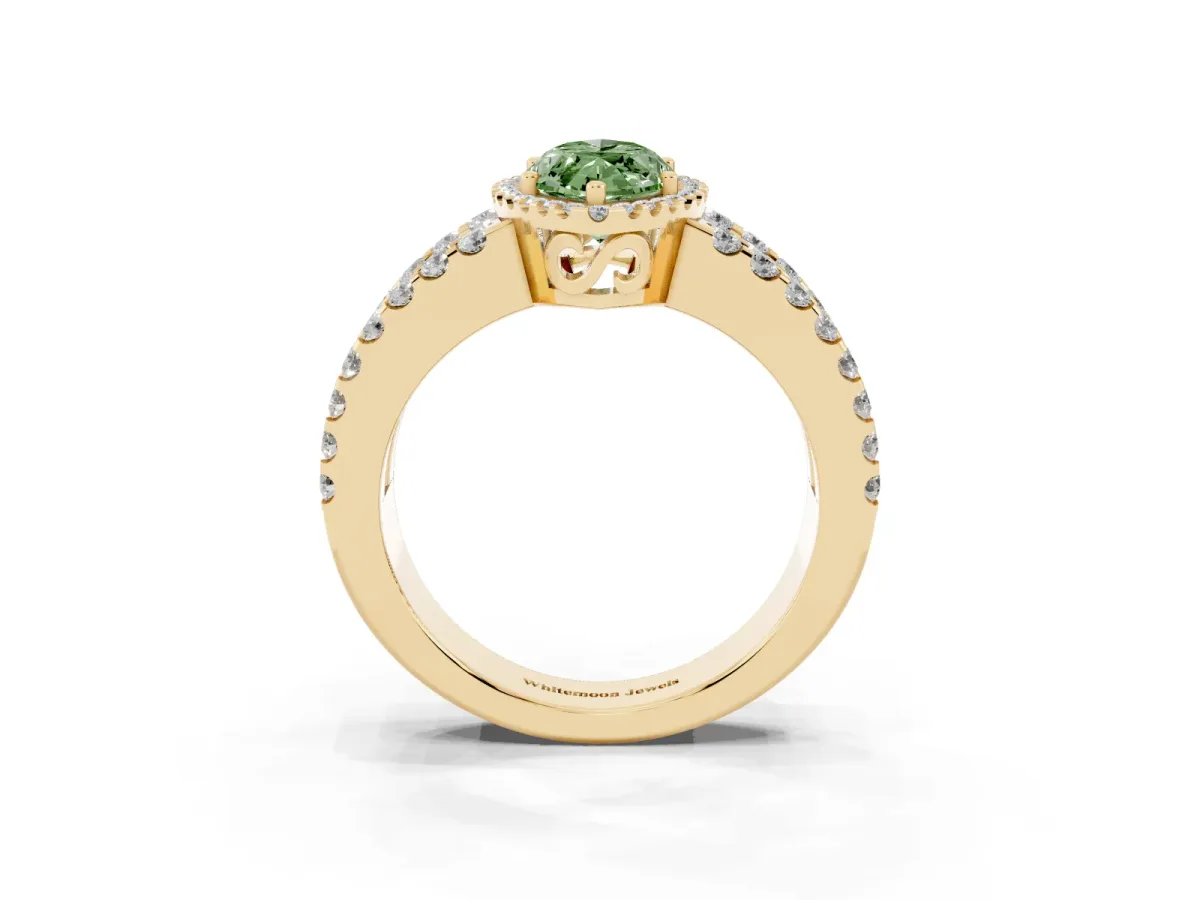 Fancy Green Marquise Cut Cut Halo Split Shank Diamond Ring with Four-Prong Setting Yellow gold