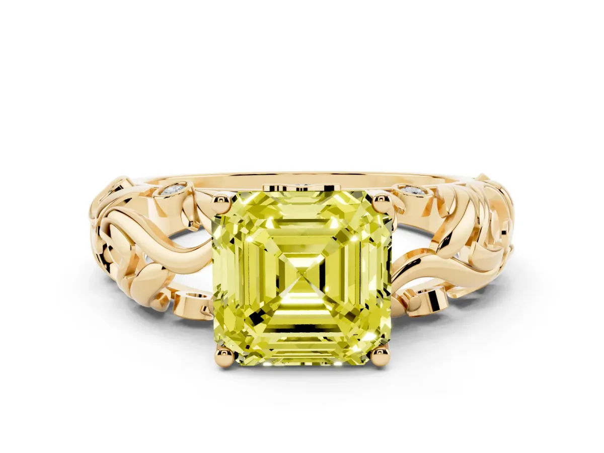 Fancy Yellow Asscher Cut Solitaire Diamond Leaf-Inspired Vine Band Ring with Prong Setting Yellow gold