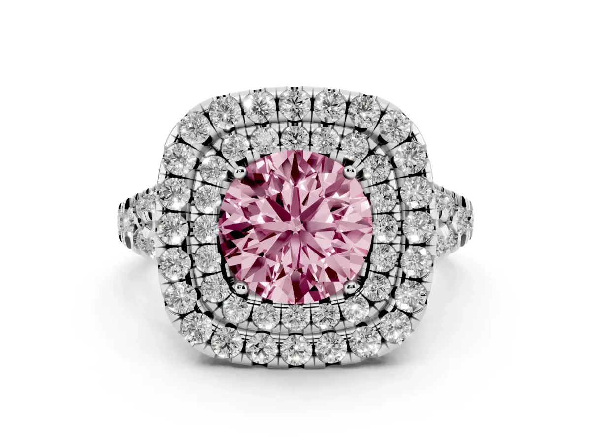 Fancy Pink Double Halo Round Cut Diamond Pavé Split Shank Ring with Prong Setting Platinum