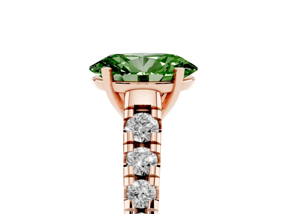 Fancy Green Oval Cut Diamond Cathedral Solitaire Ring with Round Pavé Band Rose gold