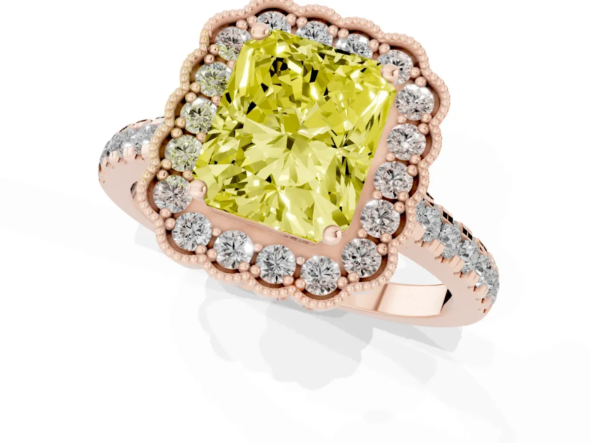 Fancy Yellow Radiant Cut Cut Diamond Milgrain Floral Halo Engagement Ring with Pavé Band Rose gold
