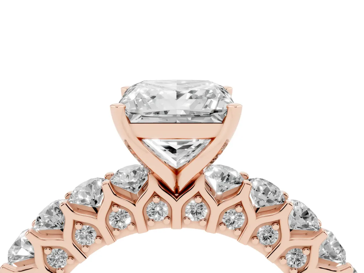 Princess Cut Diamond Solitaire Ring with Shared Prong Pavé Band and Four-Prong Setting Rose gold