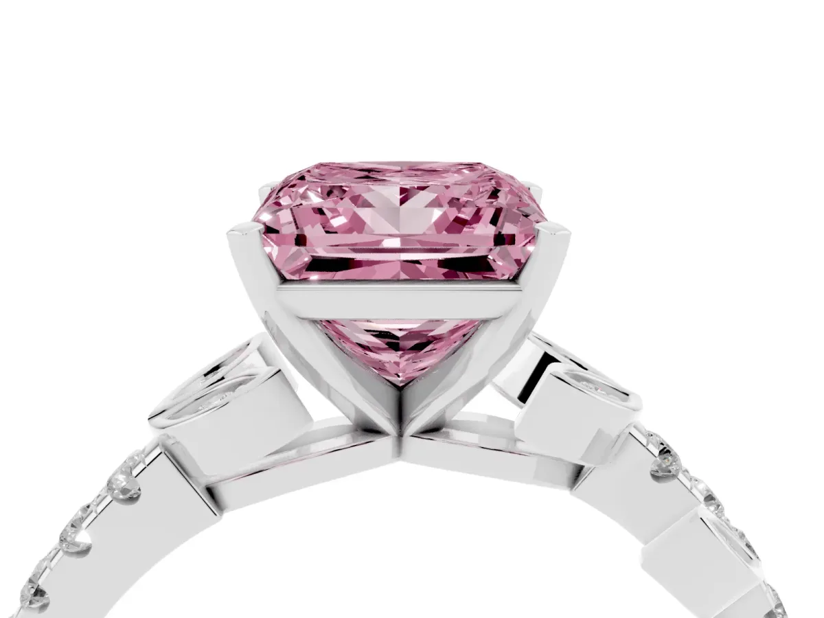 Fancy Pink Princess Cut Solitaire Leaf-Inspired Diamond Ring with Pavé Band and Four-Prong Setting Silver