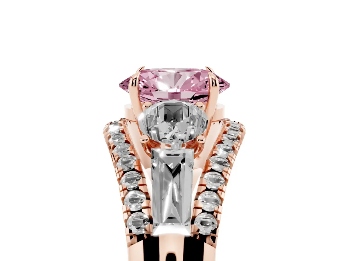 Fancy Pink Three-Stone Oval Cut Diamond Engagement Ring with Pave Band and Prong Setting Rose gold