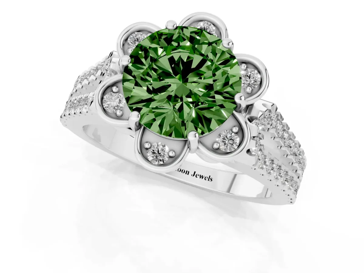 Fancy Green Round Cut Halo Diamond Floral Split Shank Engagement Ring Silver