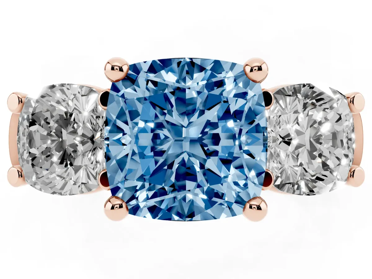 Fancy Blue Three-Stone Cushion Cut Brilliant Diamond Trellis Ring with Comfort Fit Band Rose gold