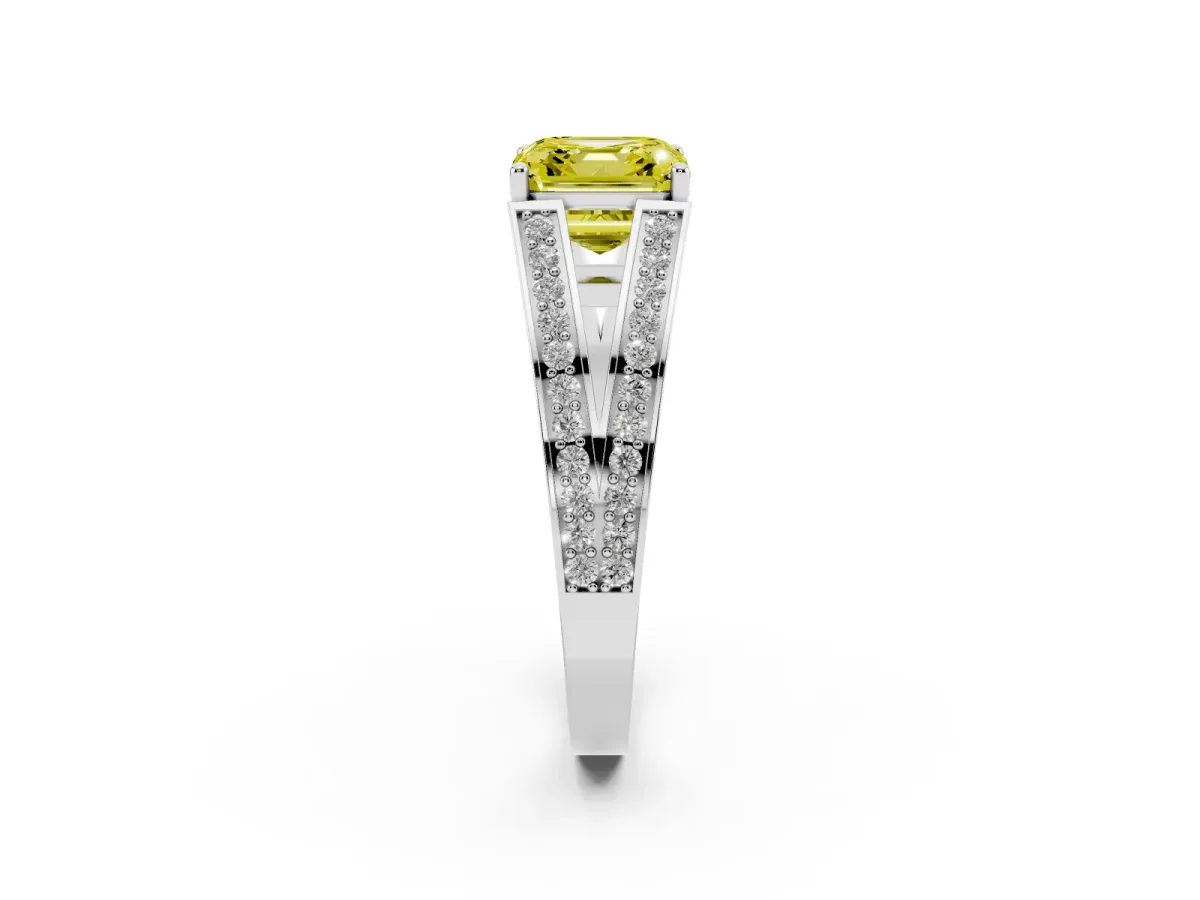 Fancy Yellow Asscher Cut Diamond Split Shank Ring with Pavé Band and Four-Prong Setting White gold