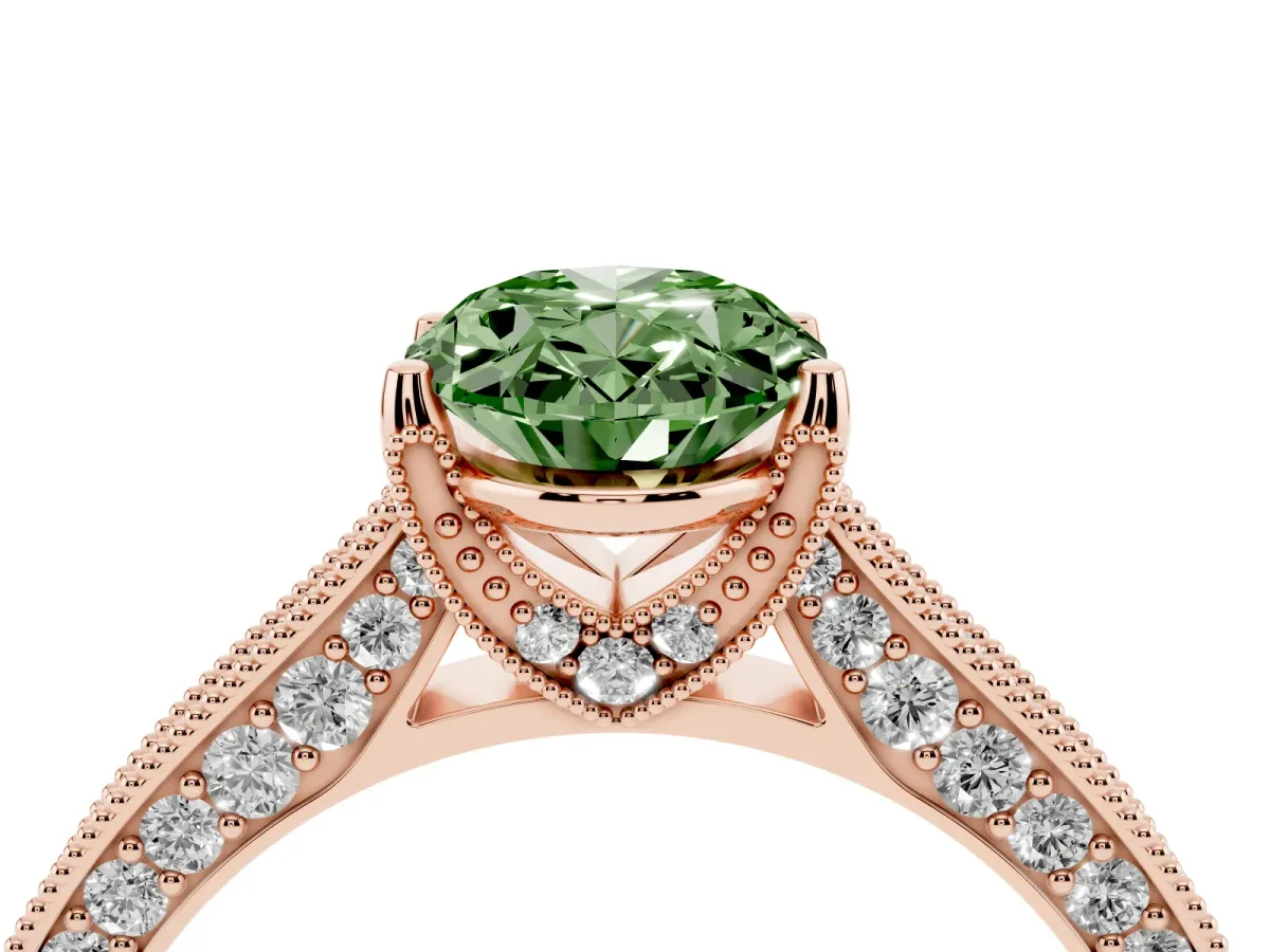 Fancy Green Oval Cut Cut Diamond Solitaire Ring with Milgrain Pave Band and Four Prong Setting Rose gold