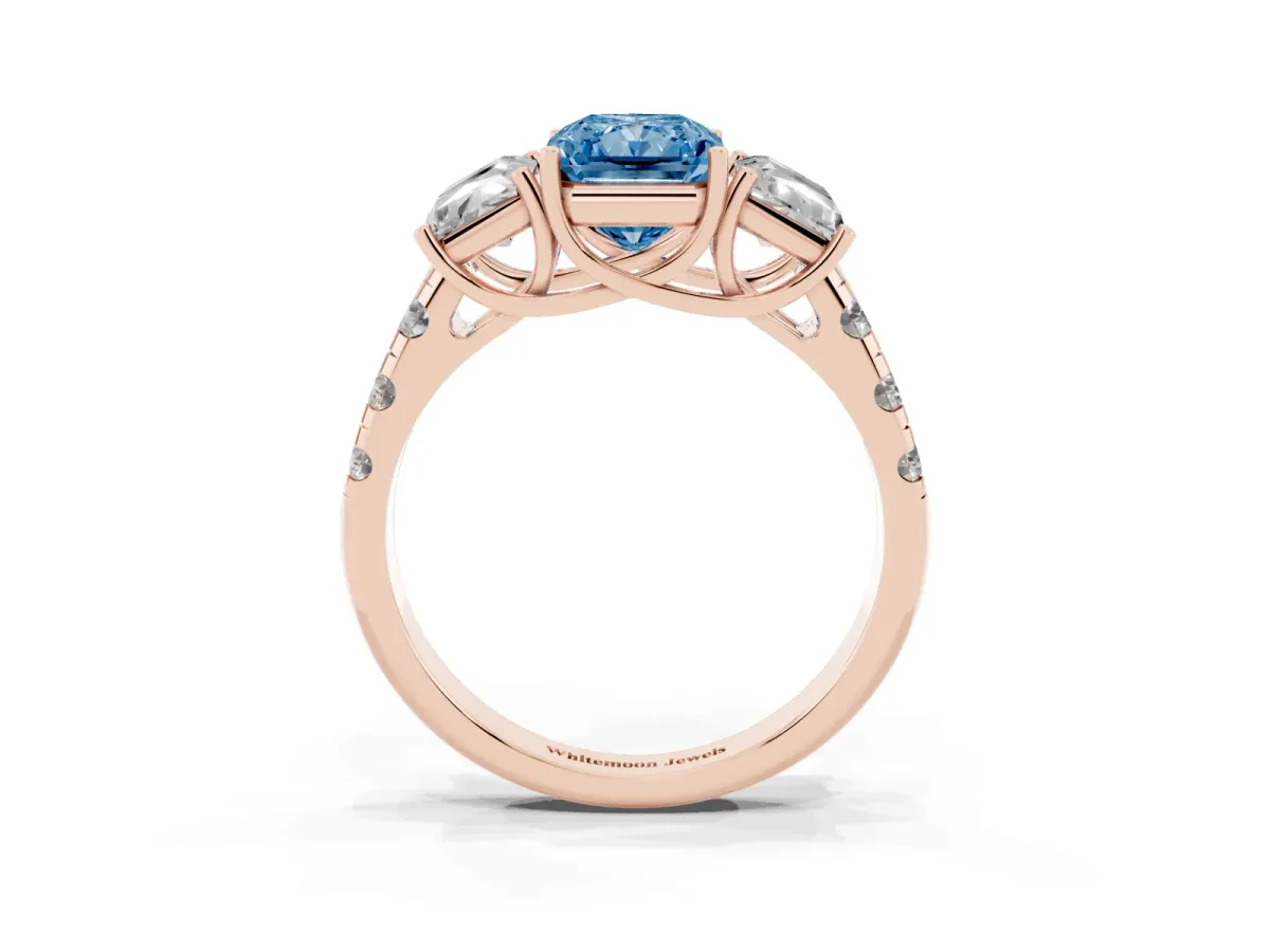 Fancy Blue Three-Stone Radiant Cut Diamond Pavé Band with Prong Setting Rose gold