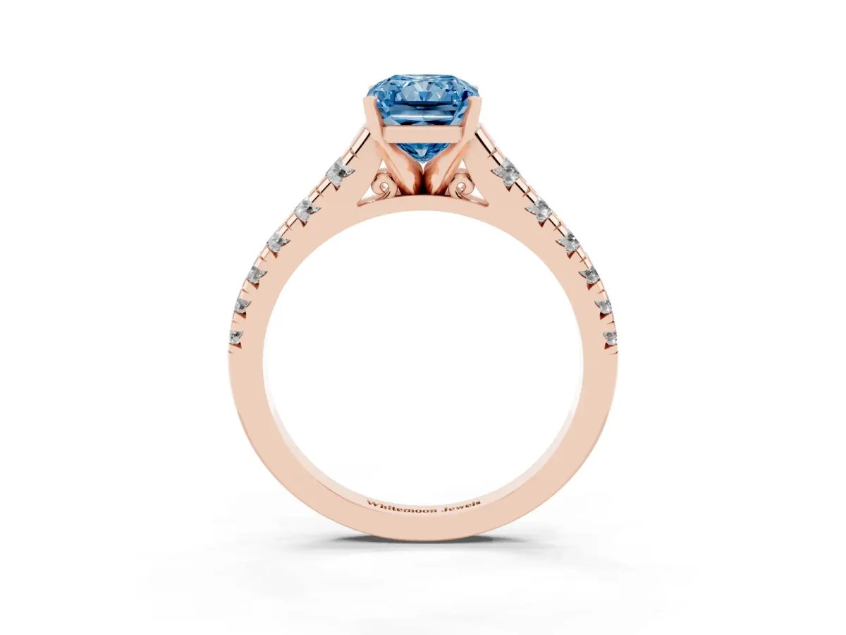 Fancy Blue Radiant Cut Diamond Cathedral Solitaire Ring with Round Pavé Band Rose gold