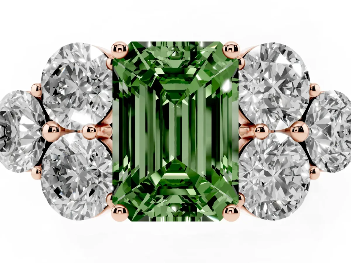Fancy Green Emerald Cut Cut Diamond Cluster Ring with Round Accent Stones and Prong Setting on a Classic Band Rose gold