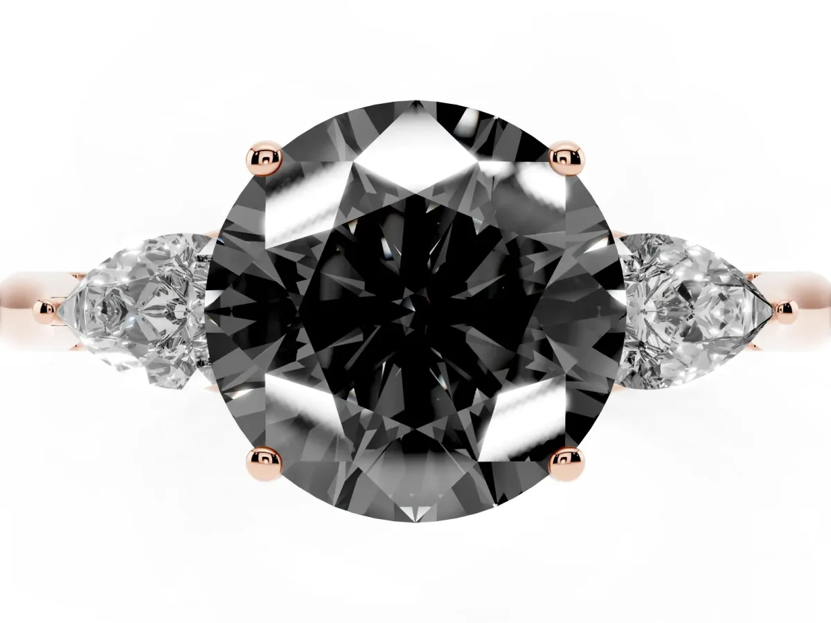 Fancy Black Three-Stone Round Cut Brilliant Diamond Solitaire Ring with Tapered Band and Four-Prong Setting Rose gold