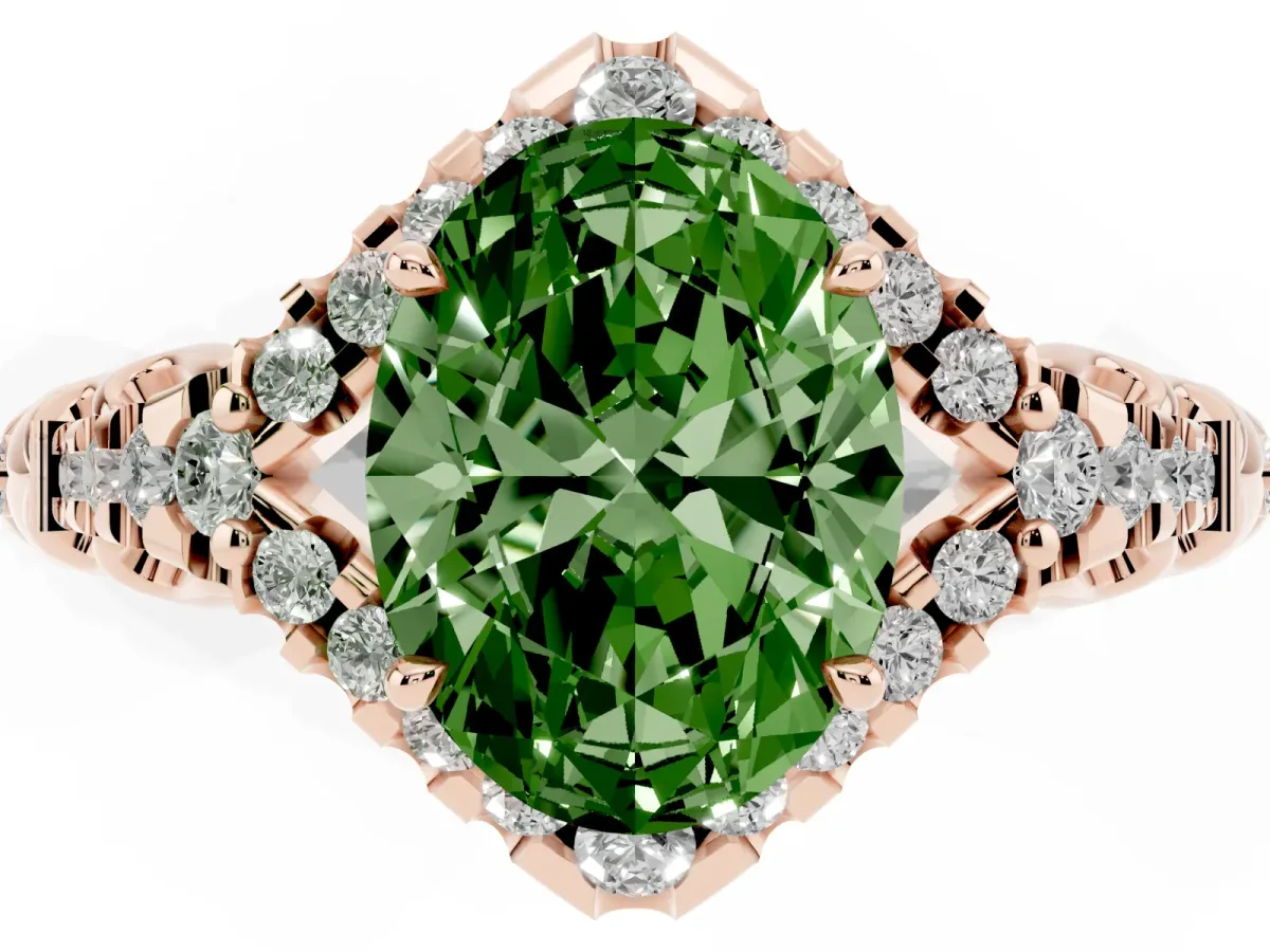 Fancy Green Oval Cut Diamond Solitaire Ring with Hidden Halo and Pavé Band Rose gold