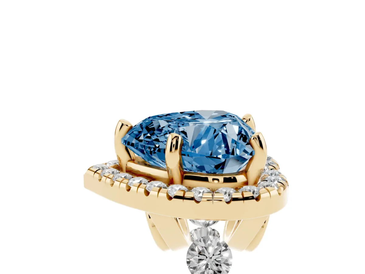 Fancy Blue Heart Cut Halo Pavé Diamond Engagement Ring with Four-Prong Setting Yellow gold