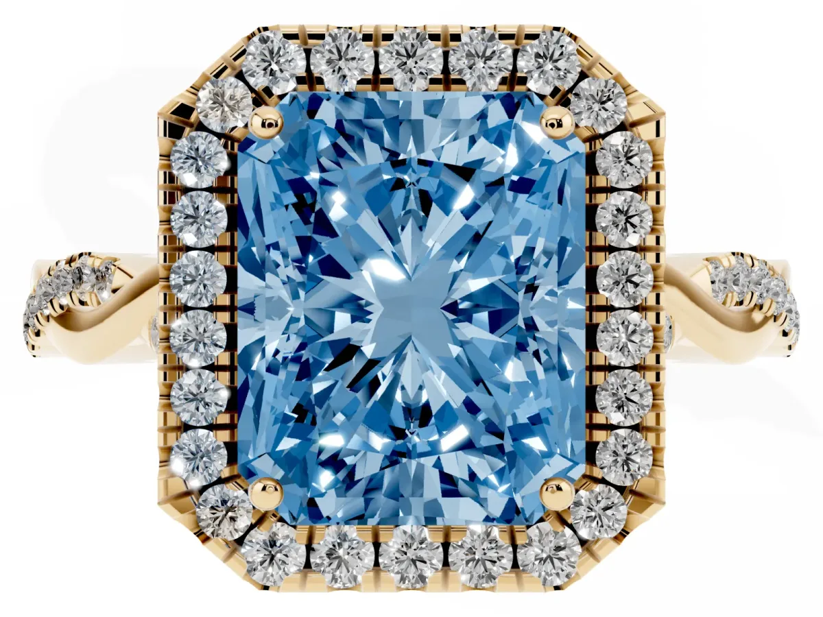 Fancy Blue Radiant Cut Halo Twist Band Solitaire Ring Yellow gold