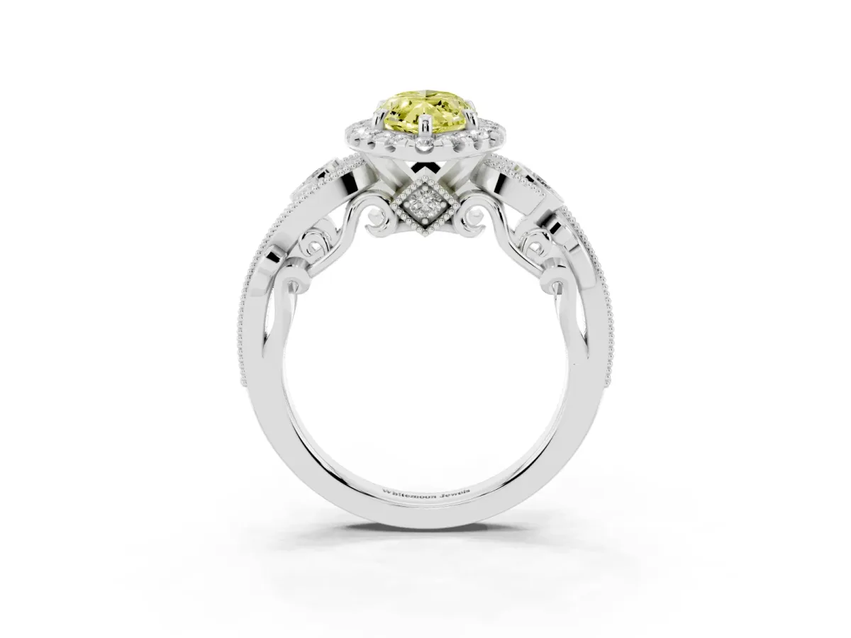 Fancy Yellow Marquise Cut Diamond Halo Ring with Milgrain Pavé Band and Four-Prong Setting White gold